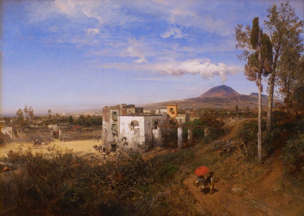 Italian town with volcano in the back by Oswald Achenbach
